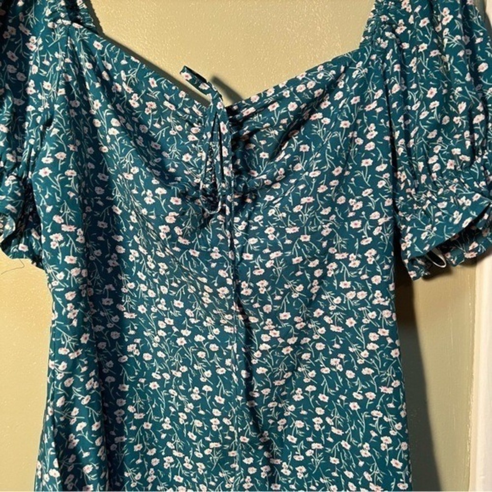 Womens Off Shoulder Mini Dress Green White Ditsy Floral Sweetheart Tie Neck Puff - Picture 7 of 13